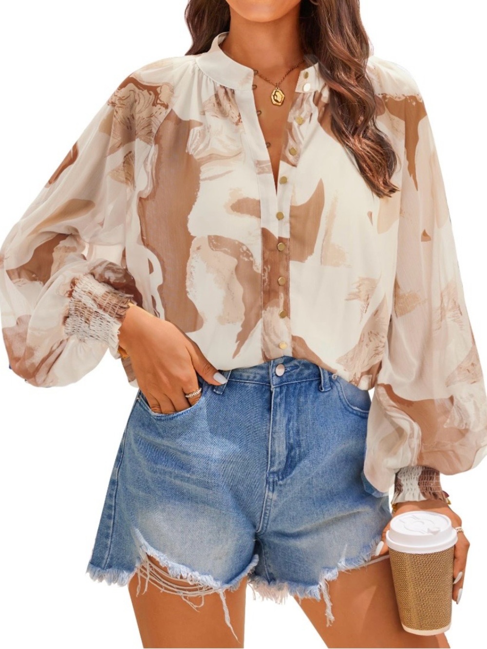 Women's Cream & Brown Abstract Button-Front Puff Sleeve Blouse